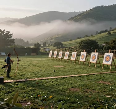 A panoramic photography of a traditional archery range set in a green valley in Spain, wooden targets at different distances, mist in the morning air, professional and serene.