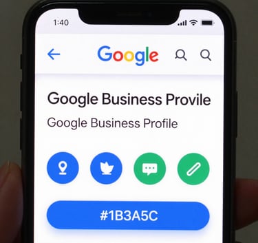 Close-up of a smartphone screen showing a highly-rated Google Business Profile on Google Maps for a local business. Vibrant and sharp, incorporating #1B3A5C tones.