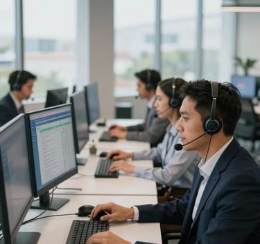 A group of professional South American call center agents working in a modern, open-plan office with large windows, wearing professional headsets and interacting with large touchscreens displaying data.