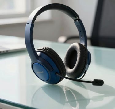 Close-up of a high-quality professional headset resting on a sleek glass desk in a bright South American office, soft sunlight from a window illuminating the deep navy blue and sky blue office accents.