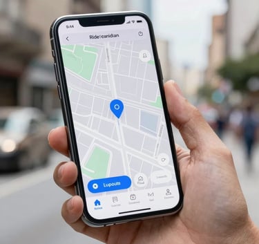 Close-up of a hand holding a modern smartphone in a bright urban street in a Latinoamericano / Hispano city. The screen displays a ride-sharing app map with a blue marker. Daylight, clean professional photography style, steel blue and light blue tones.
