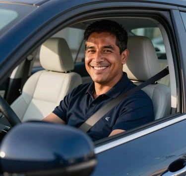 A professional driver sitting inside a clean, modern car, smiling. The scene is set in a sunny Latinoamericano / Hispano neighborhood. Soft natural light, high-end commercial photography, deep blue and off-white interior.