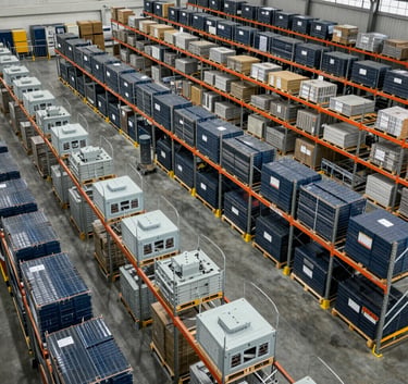 A wide-angle shot of a massive, organized distribution warehouse in Brazil, with rows of metal shelving and high-tech loading equipment, professional lighting in shades of light grey and navy.