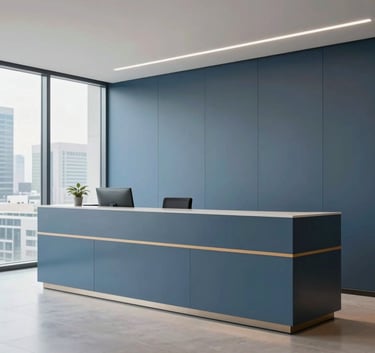 A high-end, clean corporate office reception area in a South American business district, with minimalist furniture, slate blue walls, and soft lighting, conveying professionalism and reliability.