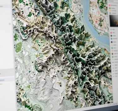 High-resolution digital screen displaying complex topographic 3D modeling and land survey data, clean and precise aesthetic, lighting emphasizing technology and expertise.