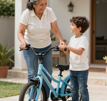 A Latinoamericano grandmother happily showing a new bicycle to her grandson in a bright outdoor patio, symbolizing the freedom of financial support, natural daylight, vibrant colors like light blue and off white.