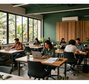 A wide photography shot of a collaborative workspace in Brazil, featuring large windows and sustainable design elements. Groups of professionals are engaged in quiet, efficient work. The scene uses dark green and tan colors to project grounded professionalism.