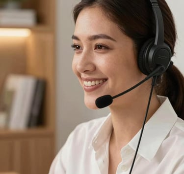 A close-up photograph of a professional South American tele-consultant smiling warmly while wearing a high-tech headset. The background is a clean, modern home office with wooden textures and tan accents. The lighting is bright and professional, conveying trust.