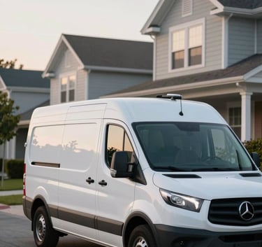 A clean, white professional service vehicle with subtle green branding parked on a quiet North American / US residential street at dawn, clear lighting, building trust and reliability.