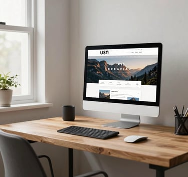 A professional and clean photograph of a bright, minimalist home office in the US, featuring a wooden desk, a high-end monitor showing a website layout, and soft natural light from a window.