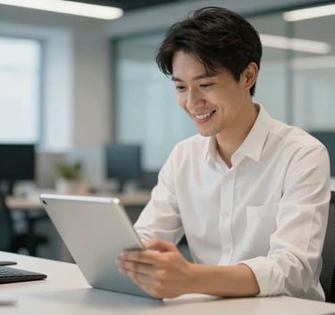 A professional person in a modern office environment in North America, smiling while looking at a tablet, representing a collaborative and approachable brand mood, with soft off-white and medium blue tones in the background.