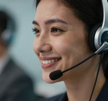Close up of a professional South American customer service representative smiling while wearing a modern silver headset, soft lighting, tech-focused atmosphere with ice blue accents.