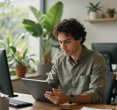 A professional South American person working on a tablet in a bright, modern co-working space in Brazil, surrounded by lush green plants and advanced technology, illuminated by soft morning light.