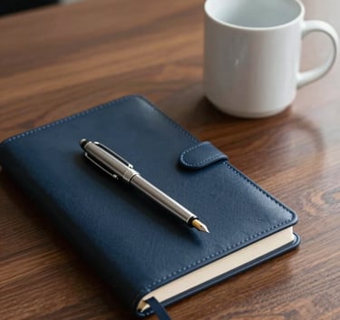 A high-angle photograph of a polished mahogany desk in a corporate office with a silver fountain pen and a deep navy leather notebook. The lighting is bright and professional, highlighting a pale mist white ceramic mug.
