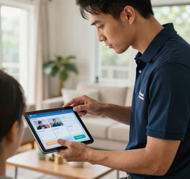 A professional technician in a clean branded polo shirt assisting a homeowner in a bright North American living room, showing a tablet with TV activation steps, natural light, high-end interior.