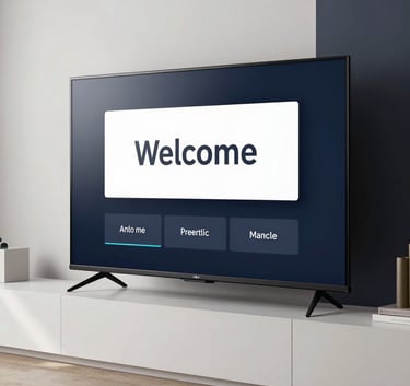 A sleek modern television set mounted in a professional North American living room, displaying a clean Welcome setup message, surrounded by Soft White walls and Dark Navy accents, bright and airy professional lighting.