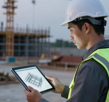 A professional engineer in a white hard hat looking over a tablet screen displaying a 3D structural model. The background is a clean construction site at dusk, featuring tones of #4A5568 and #EDF2F7.