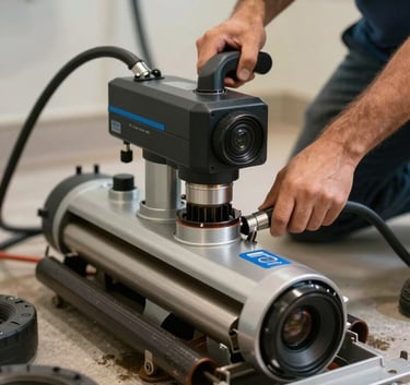 Close up of a state-of-the-art drain cleaning machine and professional plumbing tools being used by a technician in a Florida utility room.