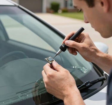 A close-up photograph of a professional technician repairing a small chip in a car windshield using specialized tools, bright natural daylight, North American suburban driveway setting, clean and modern aesthetic.