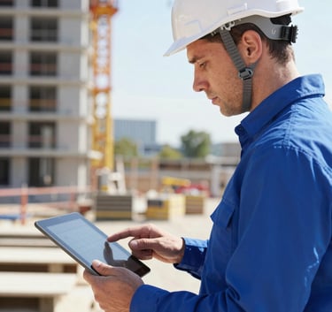 A professional civil engineer in a white hard hat reviewing plans on a digital tablet at a modern European construction site, bright natural lighting, incorporating #7094B9 and #1F3F6D in the equipment and clothing.