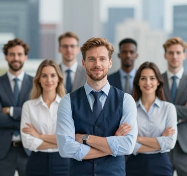 A diverse group of European professionals including a mechanical engineer in a vest and a corporate manager, standing confidently against a soft-focus urban skyline, modern and clean style featuring brand colors #1F3F6D and #EAF2F8.