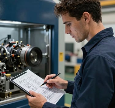 A professional mechanical engineer in a North American / US factory setting reviewing technical blueprints on a tablet. The background shows advanced industrial machinery with deep navy and steel blue accents.