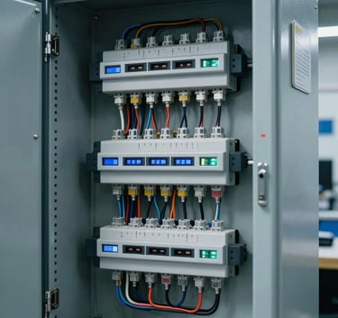 A sophisticated electrical control panel with organized wiring and digital interfaces inside a North American / US technical workshop. The environment is clean and professional, with muted blue tones and soft industrial lighting.