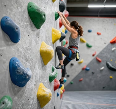 Une salle d'escalade moderne en Suisse, gros plan sur des prises propres et color9es, arri2re-plan flou montrant un espace vaste et bien entretenu, lumi2re du jour.