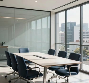 Professional photography of a sunlit, modern boardroom in Guatemala City with glass walls and minimalist furniture in shades of dark blue and off-white.