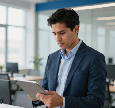 A Central American business professional working on a tablet in a bright, modern office space with professional lighting and medium blue accents.