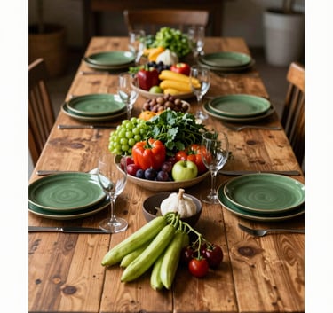 A beautifully styled, high-angle shot of a rustic farm dinner. Long wooden table, dark green ceramic plates, and vibrant fresh produce. Cozy restaurant atmosphere with warm ambient light and sophisticated food styling.