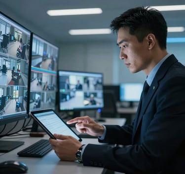 A professional security expert in a modern North American office setting, checking high-definition surveillance feeds on a sleek tablet. The lighting is low and cinematic with blue accents, reflecting a secure and advanced environment.