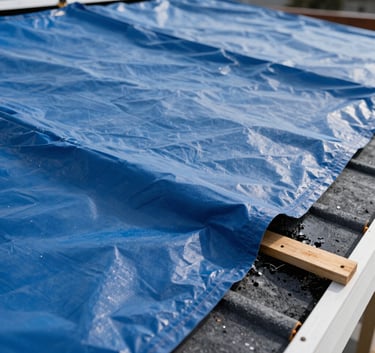 Close-up of a damaged roof with a heavy-duty blue waterproof tarp secured over a leak area. High-quality North American / US construction photography.