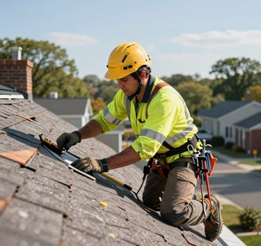 A professional roofer in North American / US safety gear inspecting a damaged residential roof in New York. Clear daylight, focusing on the quality and trust of the worker.