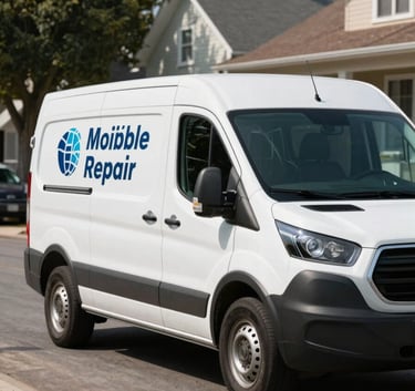 A clean, branded white service van parked on a quiet, sunlit street in a US neighborhood, representing reliable and professional mobile glass repair services.