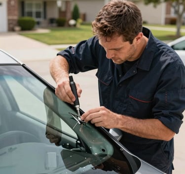 A professional technician in a clean dark navy uniform using specialized tools to repair a chip in a car windshield, bright daylight setting in a North American suburban driveway.