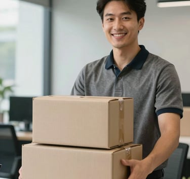 A logistics professional with a friendly smile delivering clean cardboard boxes to a modern business office reception. The lighting is bright and organized.