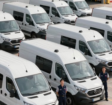 A professional wide shot of a fleet of white and Silver Grey delivery vans parked in a modern logistics terminal. Drivers in uniform are standing next to them, smiling and looking reliable. Crisp daylight.