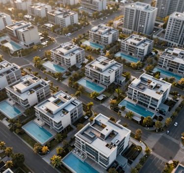An aerial drone shot of a luxury residential development with modern geometric houses and pools. The landscape is crisp and the lighting is warm golden hour, highlighting the textures of high-end materials. Clean composition, professional and sophisticated.