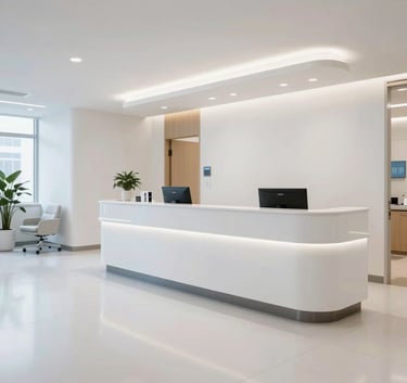 A pristine and modern medical reception area in a Manhattan clinic, featuring high-gloss floors, bright white walls, and professional lighting, North American / US healthcare setting.