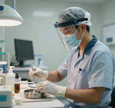 A professional cleaning technician in a neat uniform and protective gear sanitizing clinical equipment in a New York medical office, North American / US context.