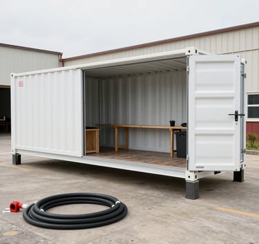 A technician in professional industrial gear assembling a heavy-duty hydraulic hose inside a mobile workshop container, desert landscape visible through the door. Sharp focus, professional integrity, featuring colors #7E6D5D and #F3EFEA.
