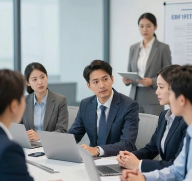 A group of professional managers in a clean, modern corporate training environment, engaged in high-level strategic learning, sophisticated mood, using colors #2F5A6D and #EBF1F5.