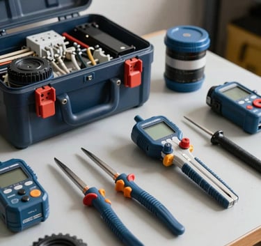 A professional electrician's toolkit and specialized testing equipment neatly arranged on a clean work surface in a Southern European / Spanish workshop. The color palette features Dark Navy and Steel Blue accents.