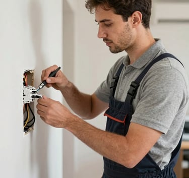 A professional electrician in a clean uniform working on a wiring installation in a modern Southern European / Spanish interior. Professional and reliable atmosphere, with hints of Pale Grey and Dark Navy.