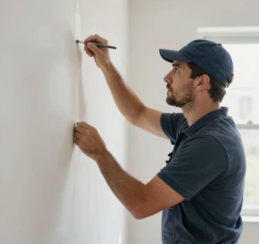 A professional drywaller expertly applying joint compound to a seam in a modern residential interior. The lighting is bright and clear, reflecting reliability and cleanliness. Subtle #2C3E50 brand colors are integrated into the worker's professional attire.