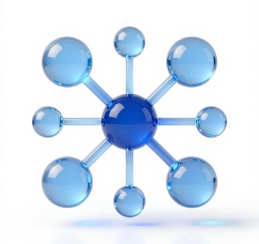 A minimalist technological icon representing interconnectedness and growth, rendered in a 3D glass style with subtle #5E9CD1 blue reflections against a clean white background.