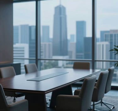 A sophisticated meeting room with high-end furniture and a large glass window overlooking a futuristic city skyline. Soft blue tones matching #5E9CD1 and deep shadows #0F1A2F. Elegant and professional atmosphere.