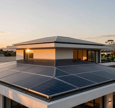Wide-angle exterior shot of a contemporary South American residence with sleek solar panels integrated into the roof, illuminated by warm sunset light, conveying luxury and reliability.