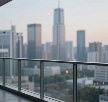 Luxury balcony with a frameless glass railing overlooking a modern city skyline. The lighting is soft and contemporary, emphasizing the 'invisible' quality of the glass, with a color scheme drawing from #BCC9D4 and #1A1D20.